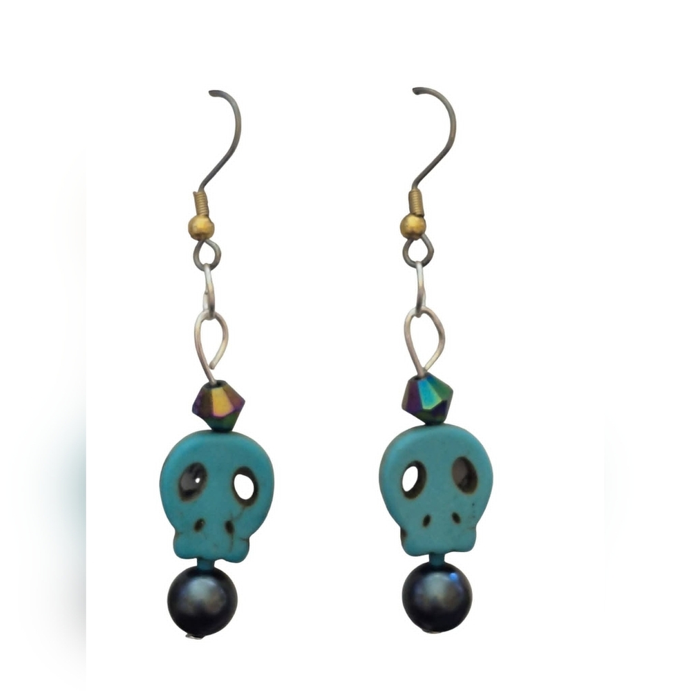 Turqouise Tone Skull Earrings Goth Halloween